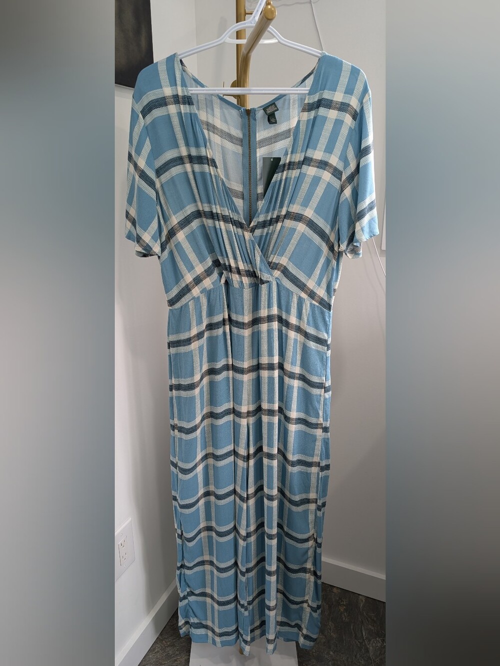 Wild Fable Blue and White Plaid Surplice V-Neck Jumpsuit